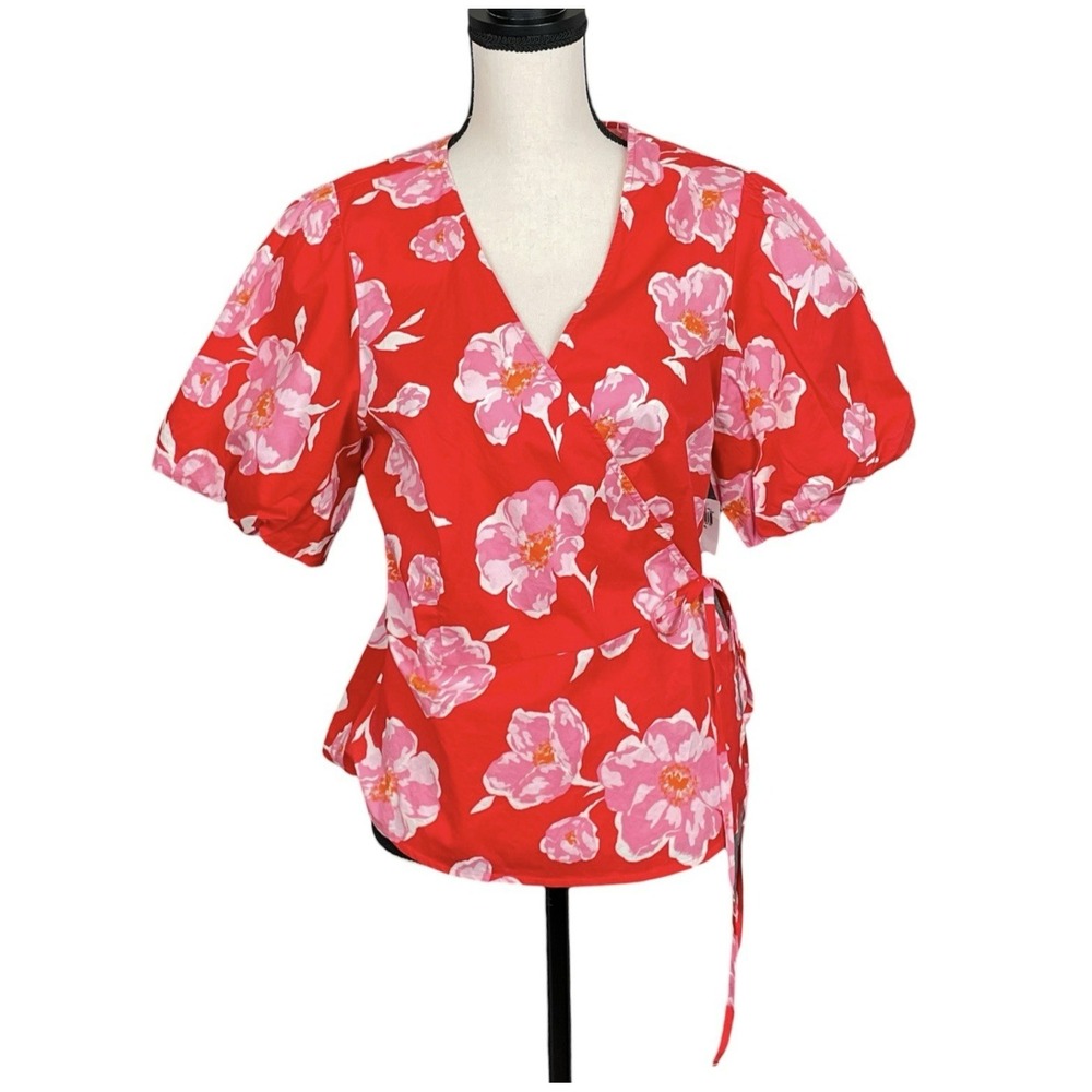 Old Navy Red Floral Puff Sleeve Wrap Top Womens XL Cottagecore Romantic Tropical
